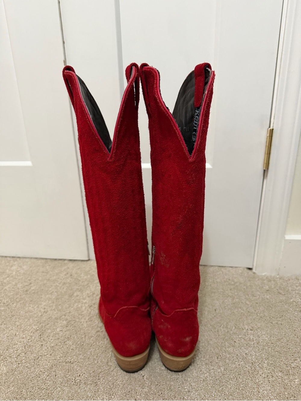 Red Suede Over-the-Knee Western Boots with Heart Accent - Picture 2 of 6
